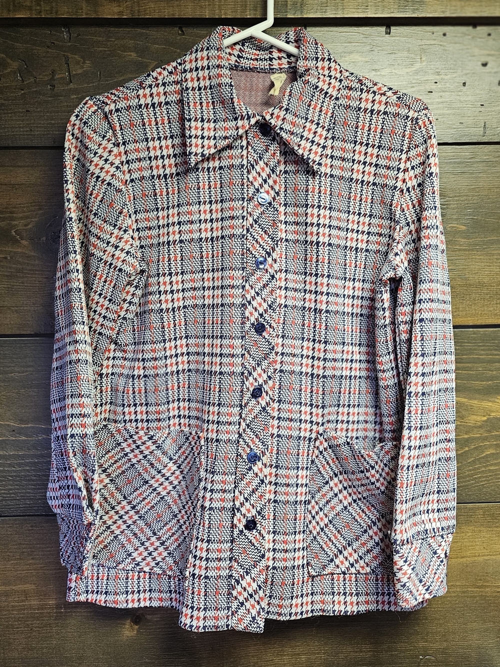 Vintage 1970s Plaid Houndstooth Dagger Collar Shacket Blazer Size Small